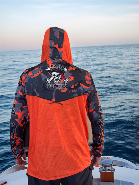 Baja Pirates Performance Fishing Shirts UPF 50 - Orange Camo Mag Bay edition