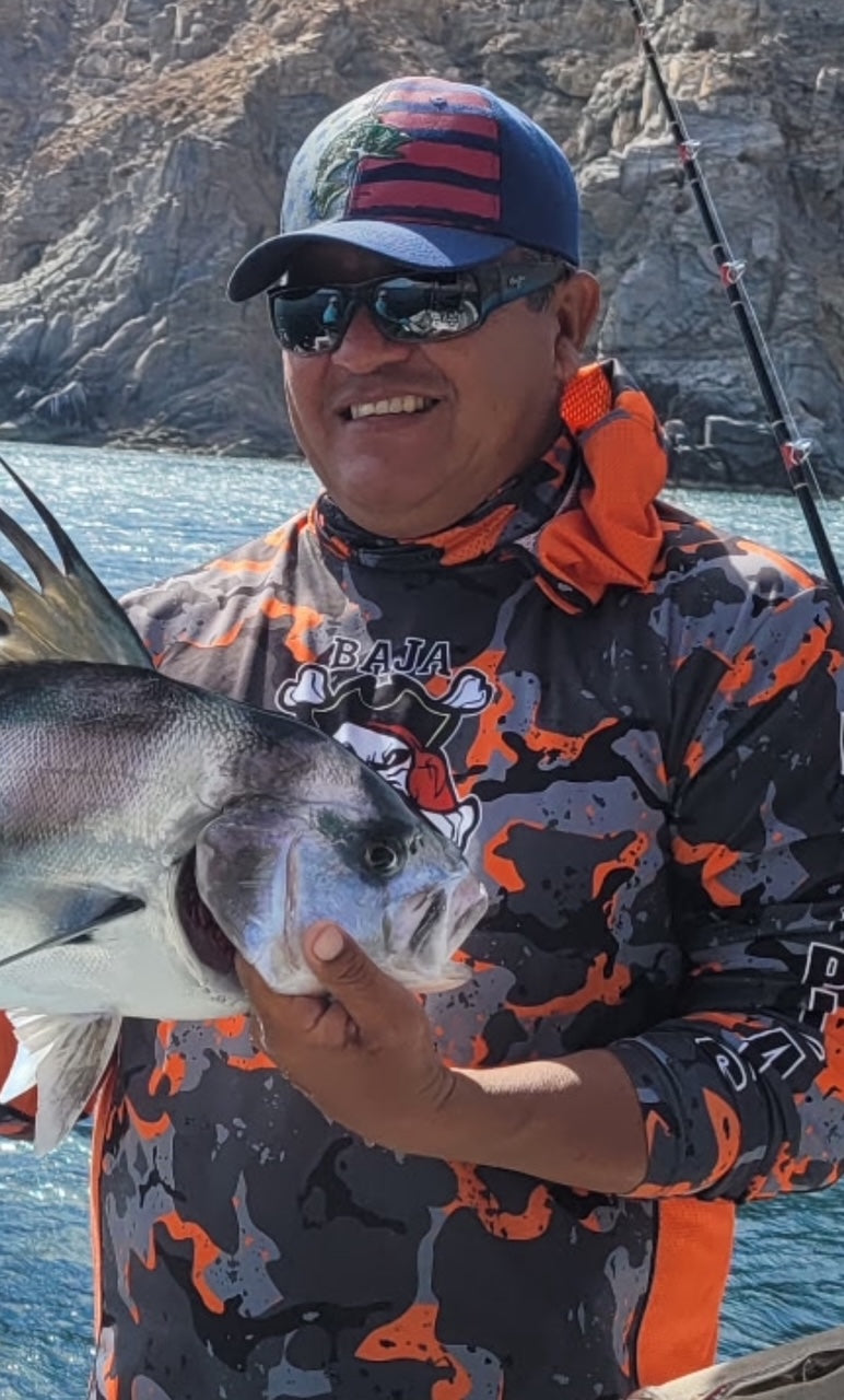 Baja Pirates Performance Fishing Shirts UPF 50 - Orange Camo Mag Bay edition