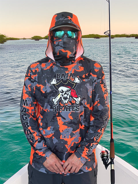 Baja Pirates Performance Fishing Shirts UPF 50 - Orange Camo Mag Bay edition